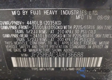 2010 Subaru Forester 2.5X z USA, uszkodzony, nr VIN JF2SH6AC3AH736688